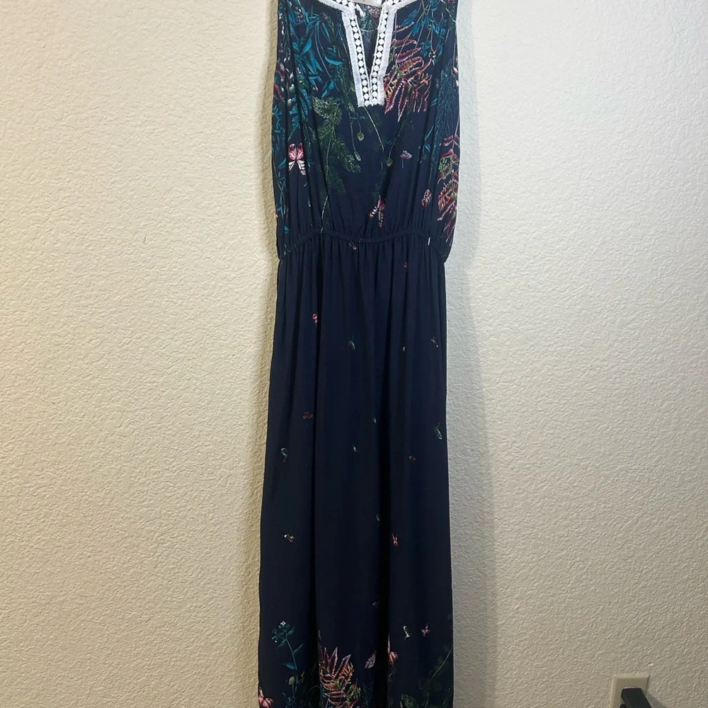 Seven Islands Faux Embroided Sleeveless Floral Navy Maxi Dress tie Front Flowy S